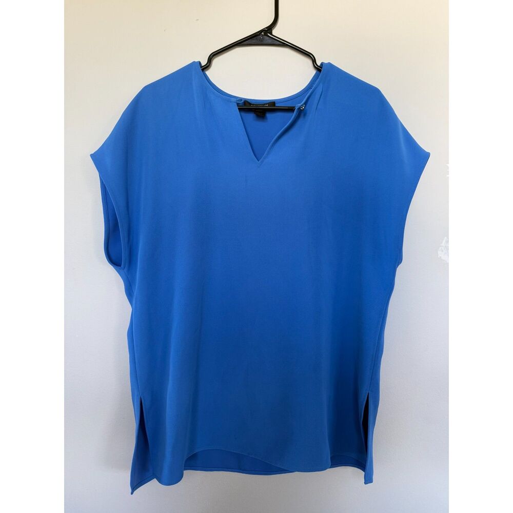St. John Cobalt Royal Blue Silk Split V-Neck Short Sleeve Blouse - Size Medium
